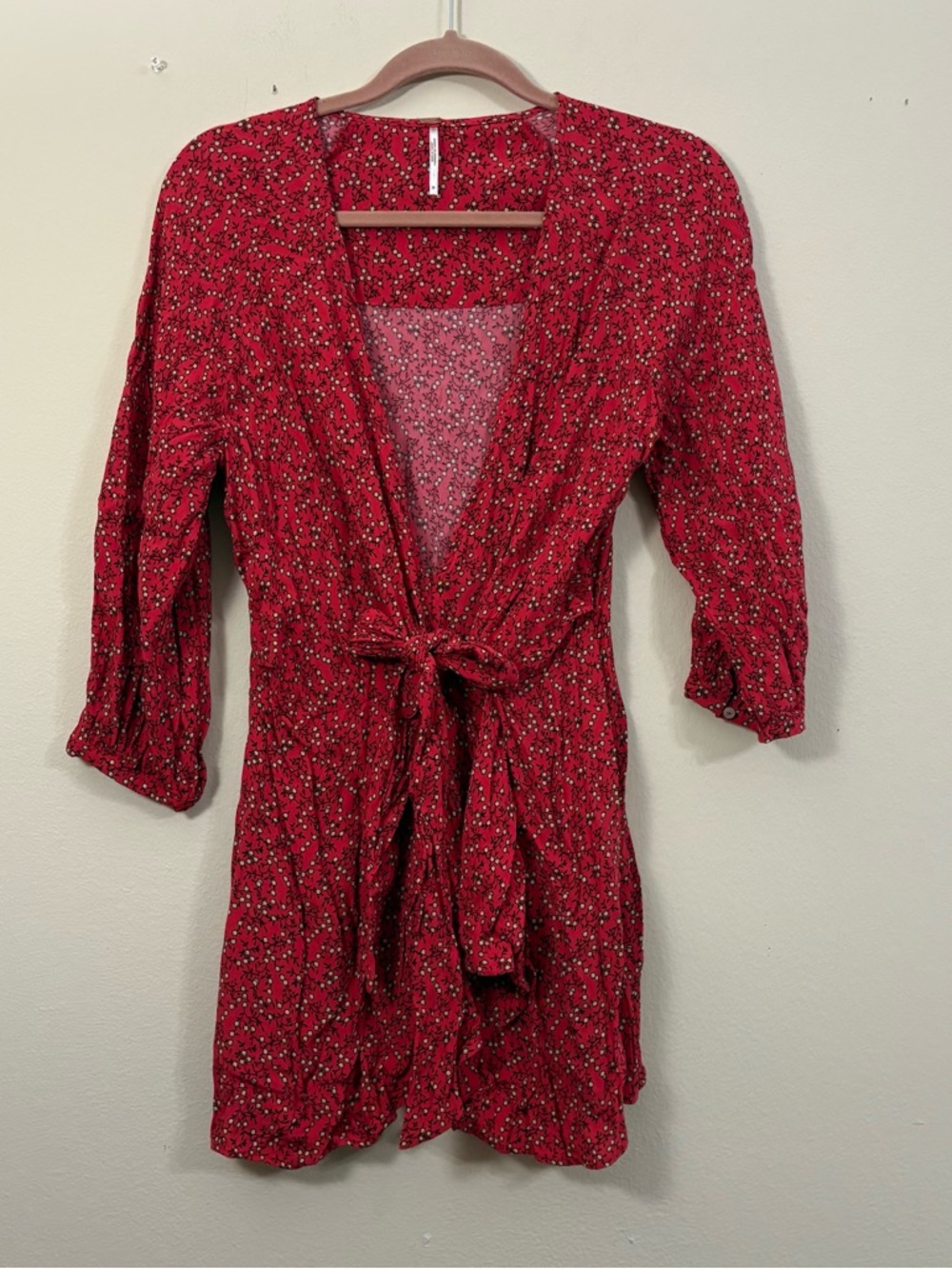 Free People Clara Red Floral Daisy Ruffle Faux Wrap Ruffle Dress M